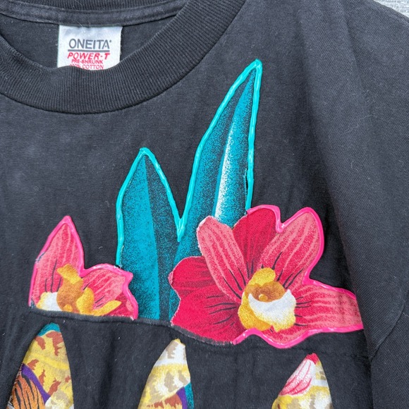 Oneita Vtg 90s Graphic T-Shirt Leopard Floral Print Made in USA XL Handmade - Picture 5 of 12